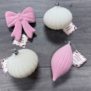 Set of 4 Flocked Christmas Tree Ornaments Pink & Off-White Target Bullseye, New!